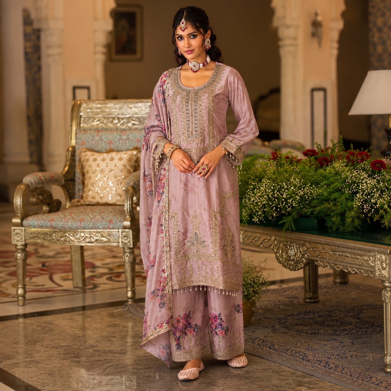 Luxury Heavy Chinon 3 Piece Zari & Sequins Embroidered Suit Set