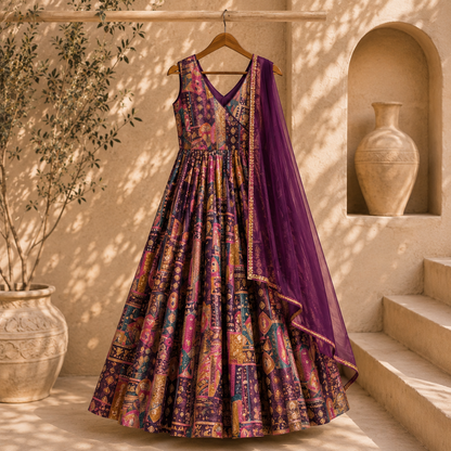 Premium Kids Silk Digital Printed Anarkali Gown with Organza Dupatta