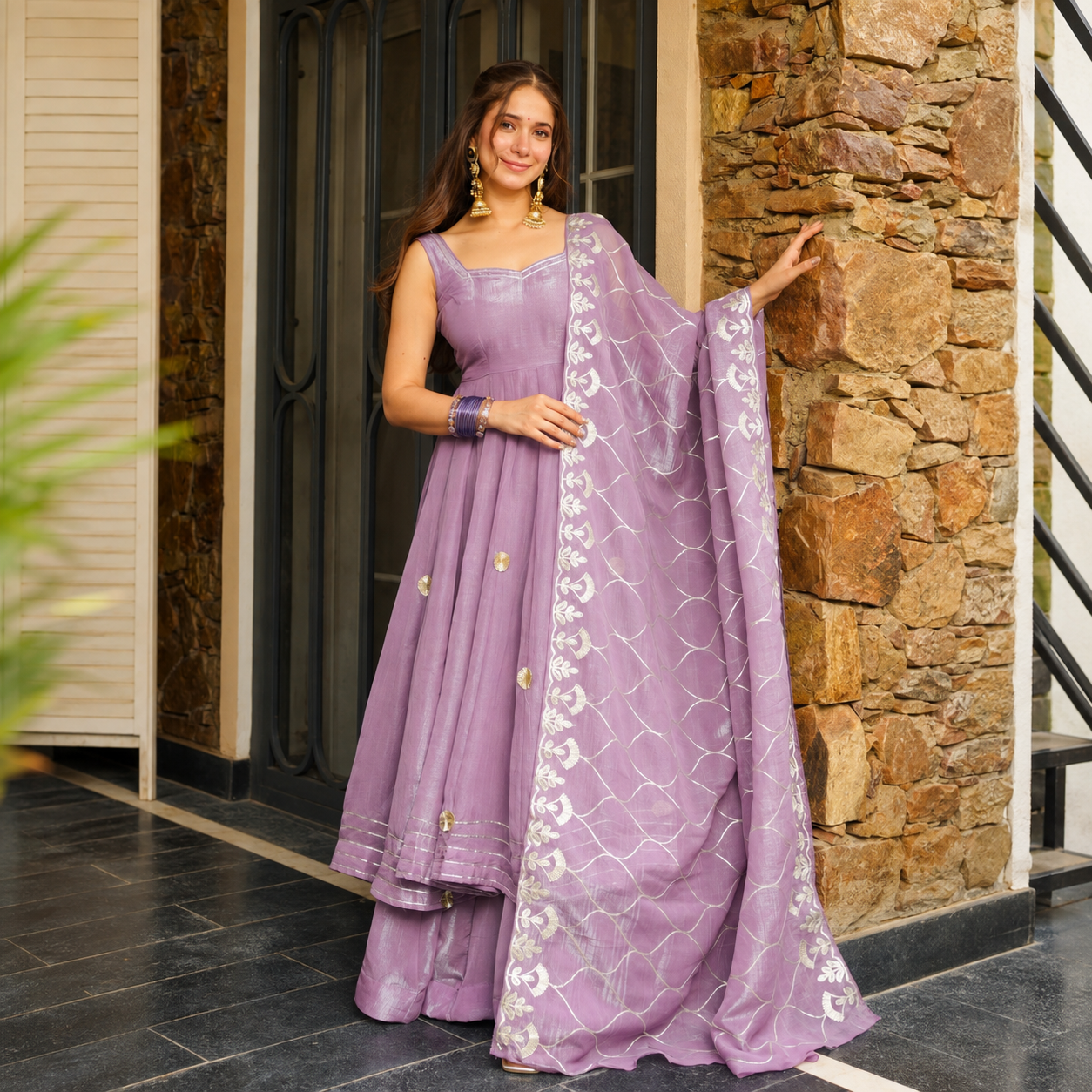Elegant Lavender Soft Crunchy Chiffon Anarkali Suit Set with Hand Gotta Patti Work & Dupatta
