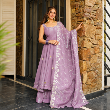 Elegant Lavender Soft Crunchy Chiffon Anarkali Suit Set with Hand Gotta Patti Work & Dupatta