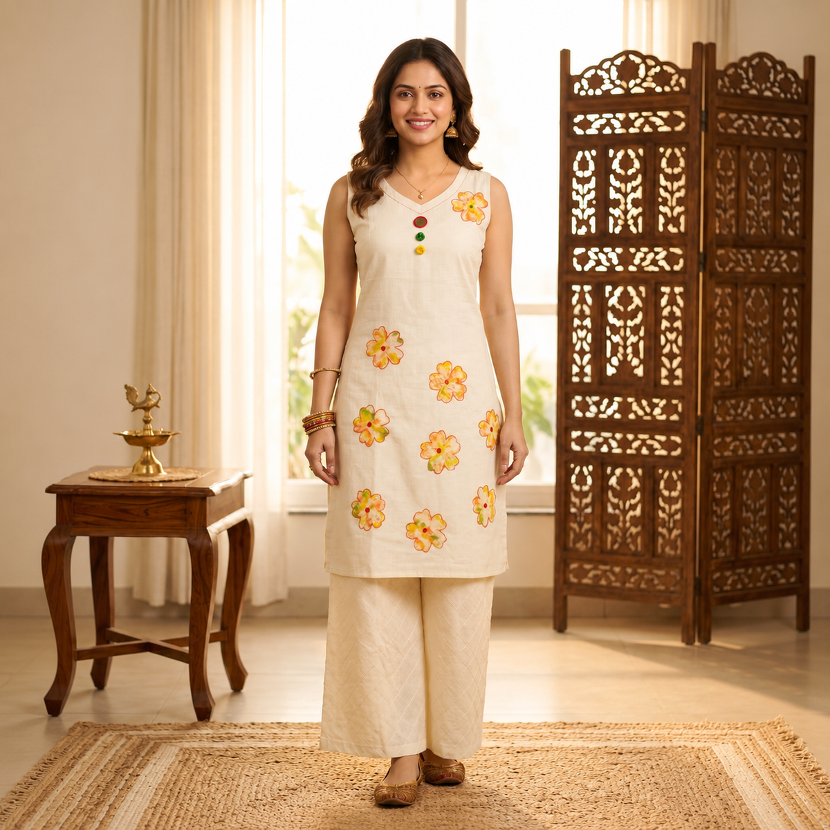 Premium Floral Embroidered Cotton Silk Straight Kurta Set