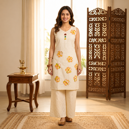Premium Floral Embroidered Cotton Silk Straight Kurta Set