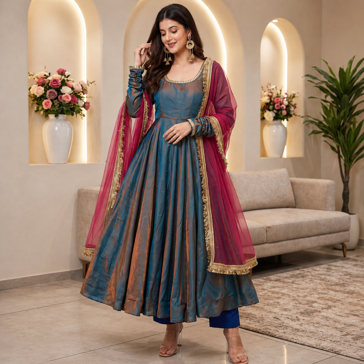Premium 3 Piece Real Mirror Work Designer Anarkali Suit Set