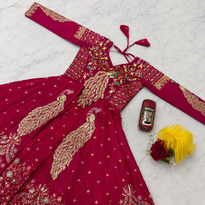 Premium Peacock Embroidered Vichitra Silk Lehenga Set with Crop Top &amp; Shrug | Festive &amp; Wedding Wear