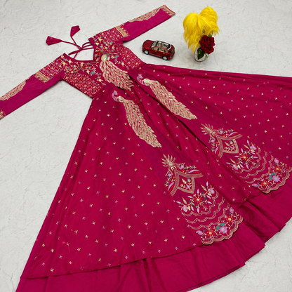 Premium Peacock Embroidered Vichitra Silk Lehenga Set with Crop Top &amp; Shrug | Festive &amp; Wedding Wear