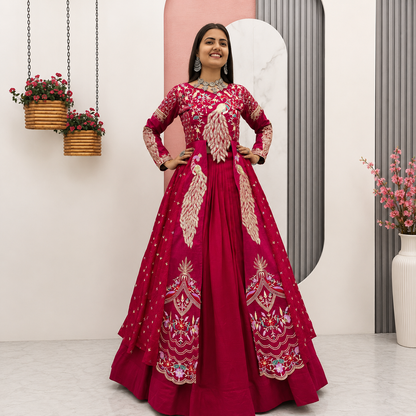 Premium Peacock Embroidered Vichitra Silk Lehenga Set with Crop Top &amp; Shrug | Festive &amp; Wedding Wear