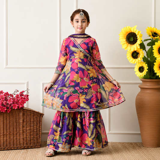 Girls Premium Floral Printed Ethnic Sharara Set with Dupatta – Purple