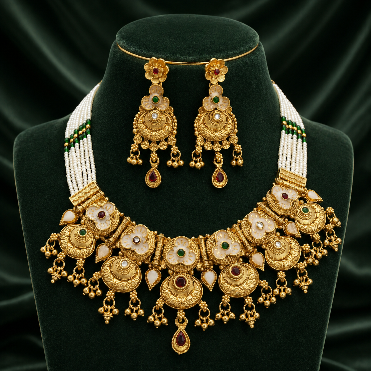 Premium Rajwadi Pearl Necklace Set with Earrings | Ethnic Wedding Jewellery
