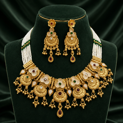 Premium Rajwadi Pearl Necklace Set with Earrings | Ethnic Wedding Jewellery