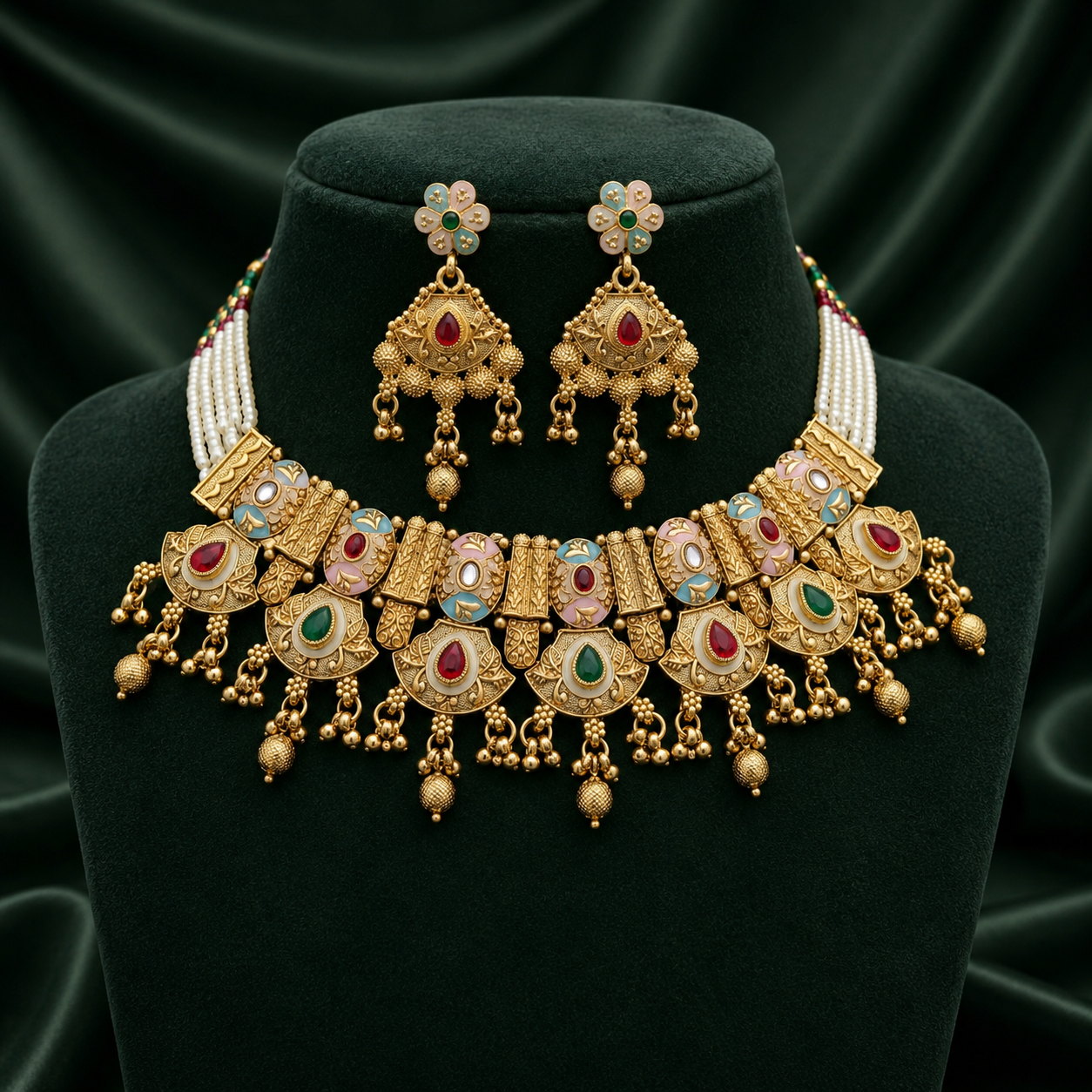 Designer Rajwadi Moti Choker Necklace Set | Antique Gold Finish