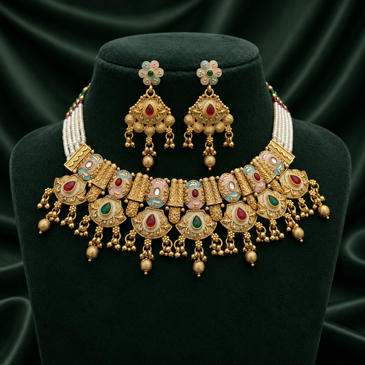 Designer Rajwadi Moti Choker Necklace Set | Antique Gold Finish