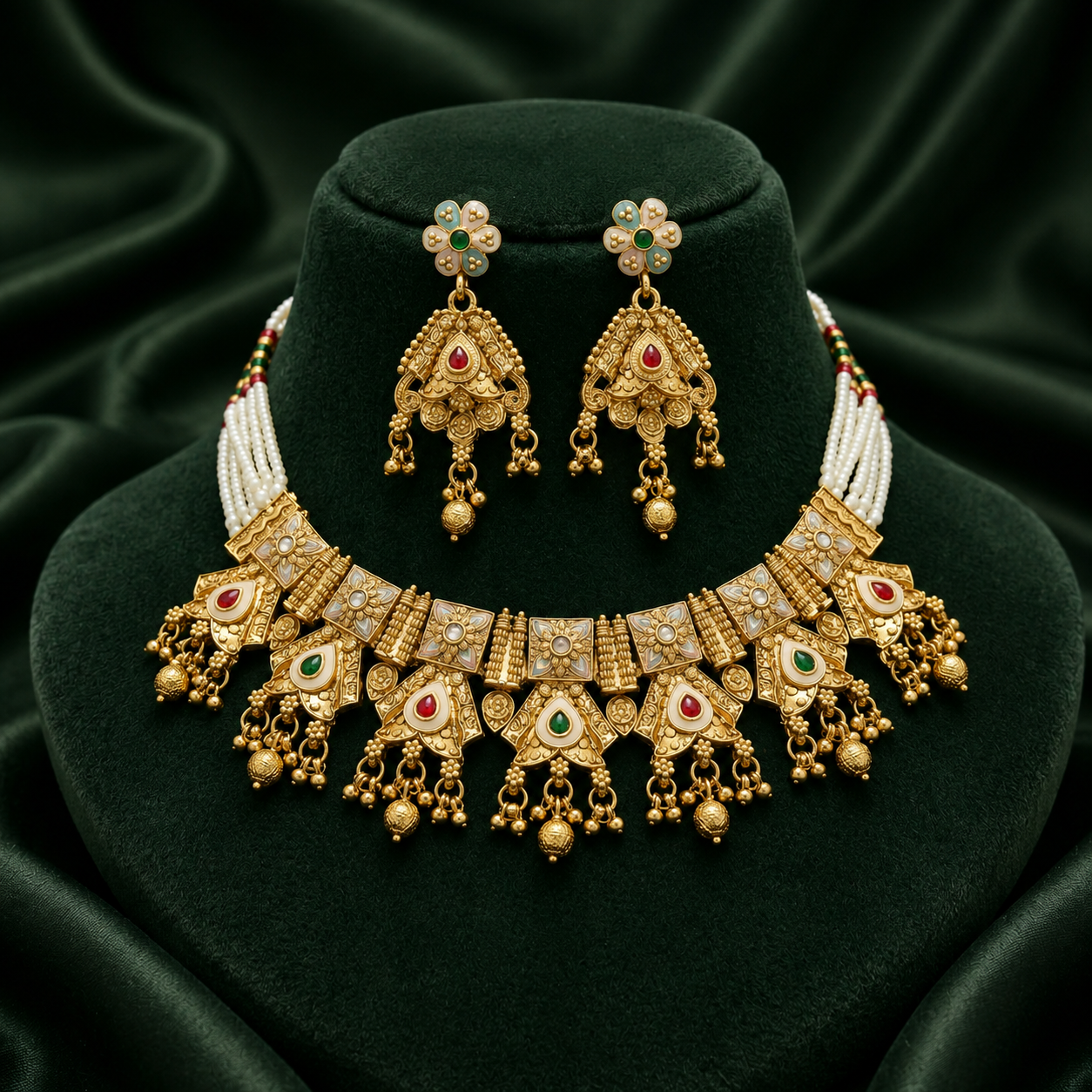 Traditional Rajwadi Pearl Jewellery Set with Earrings | Bridal Collection