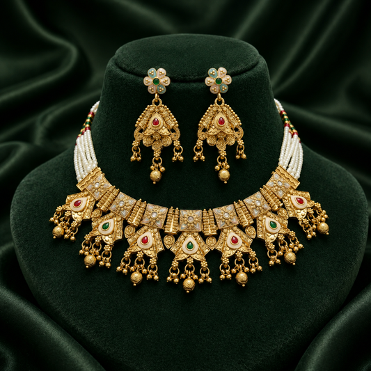Traditional Rajwadi Pearl Jewellery Set with Earrings | Bridal Collection