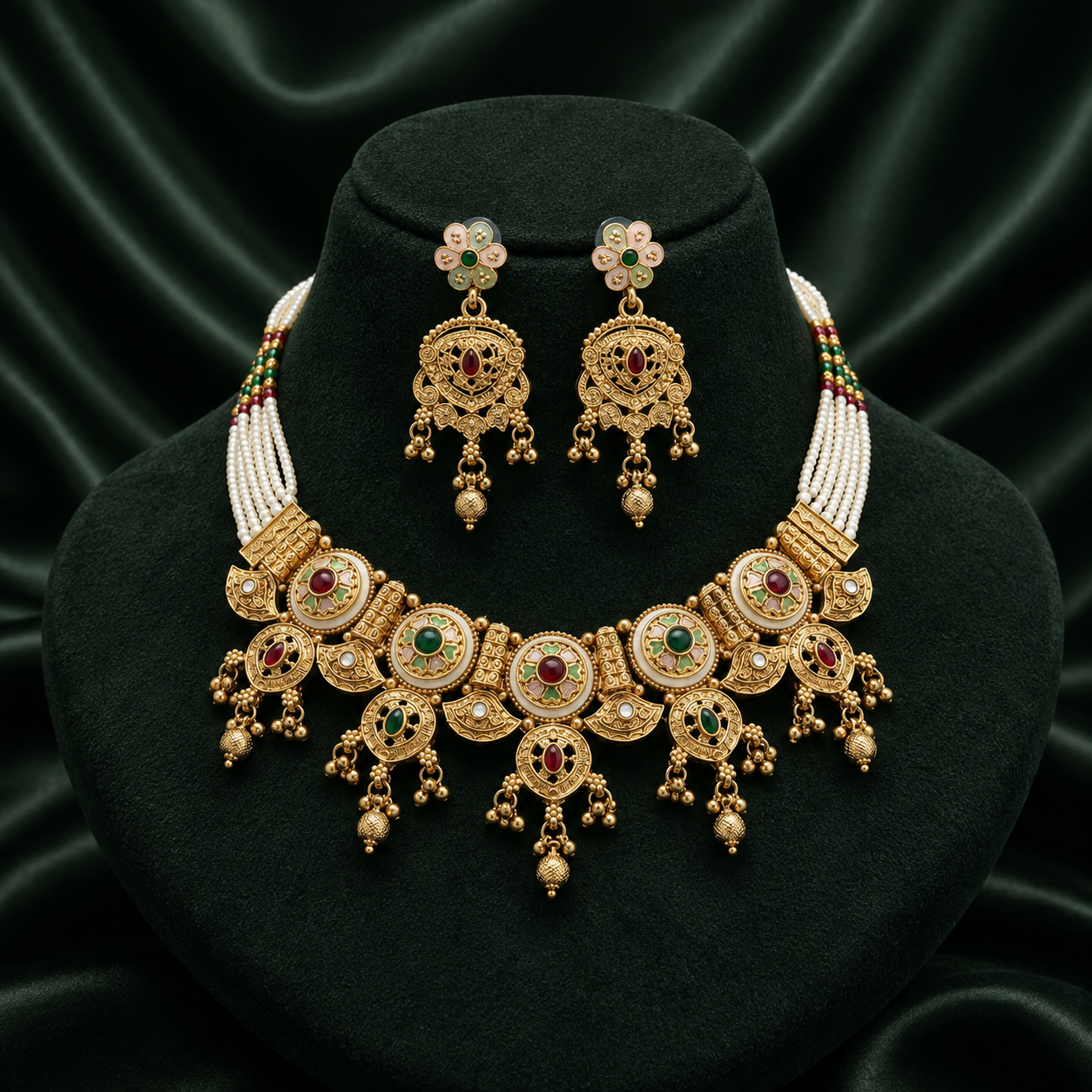 Luxury Rajwadi Pearl Necklace Set with Earrings | Festive & Bridal Wear