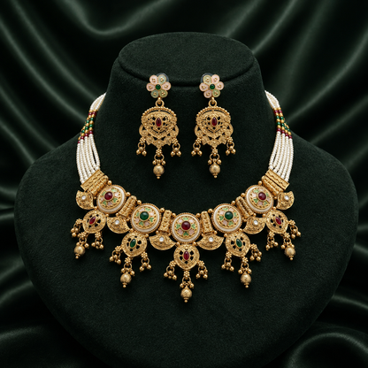 Luxury Rajwadi Pearl Necklace Set with Earrings | Festive & Bridal Wear