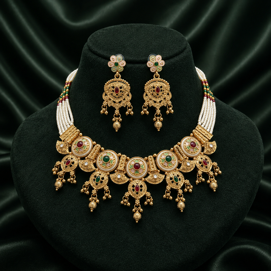 Luxury Rajwadi Pearl Necklace Set with Earrings | Festive & Bridal Wear