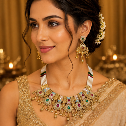 Designer Rajwadi Moti Choker Necklace Set | Antique Gold Finish