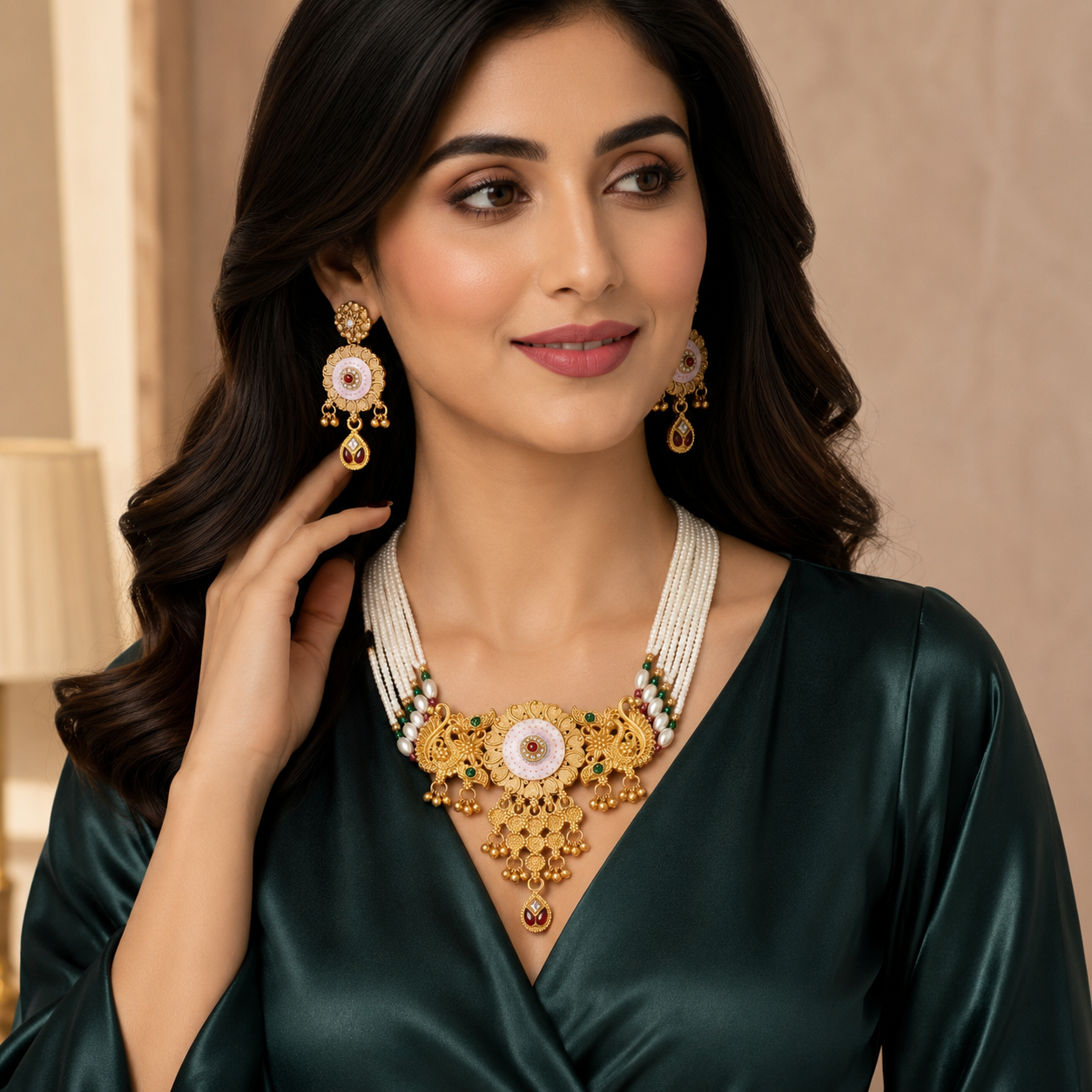Premium Rajwadi Gold Plated Choker Necklace Set with Pearl Beads & Matching Earrings - 04