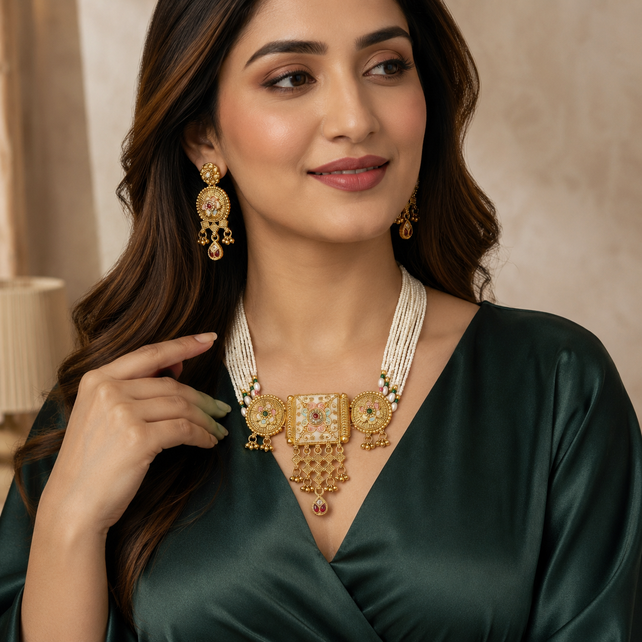 Premium Rajwadi Gold Plated Choker Necklace Set with Pearl Beads & Matching Earrings - 01
