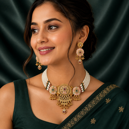 Premium Rajwadi Gold Plated Choker Necklace Set with Pearl Beads & Matching Earrings - 03