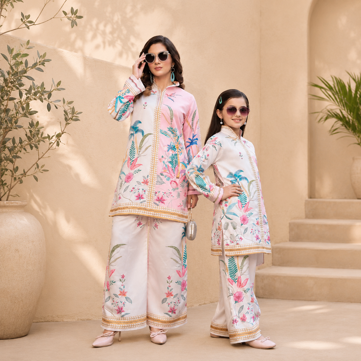 Printed Mal Satin Co-Ord Combo Set – Pink & White |  Mother & Daughter