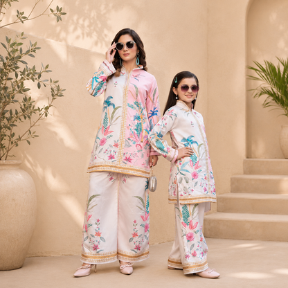 Printed Mal Satin Co-Ord Combo Set – Pink & White |  Mother & Daughter