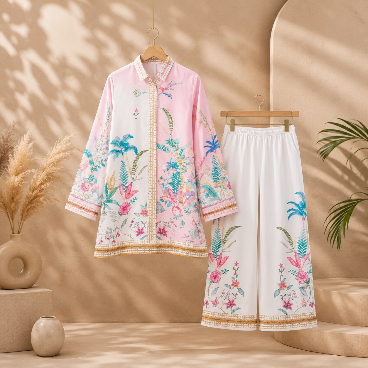 Printed Mal Satin Co-Ord Combo Set – Pink & White |  Mother & Daughter