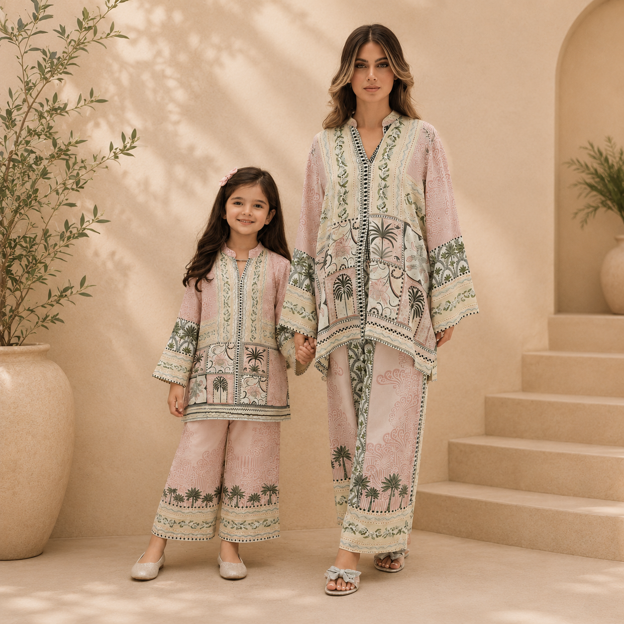 Premium Satin Printed Co-Ord Combo Set – Blush Pink | Mother & Daughter