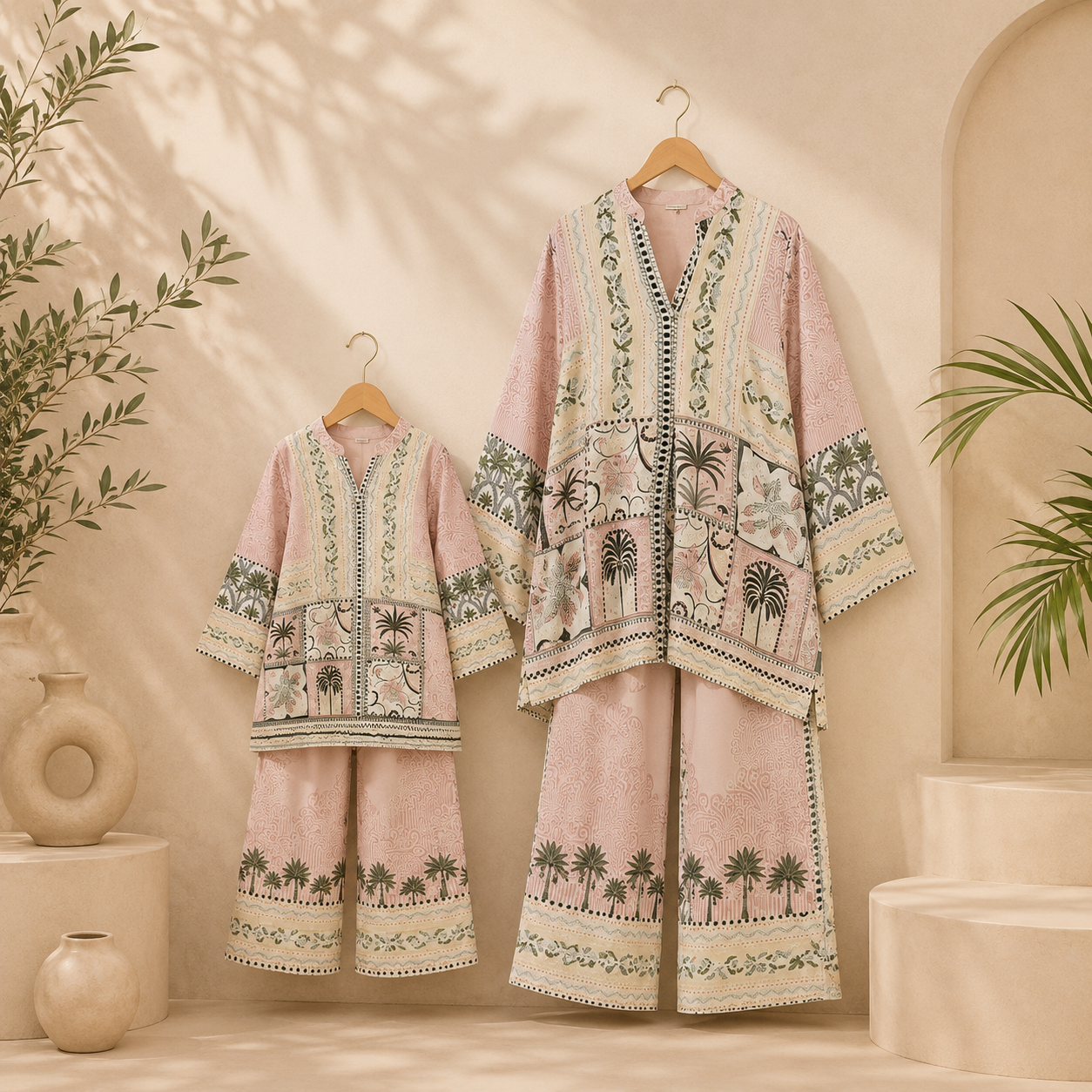 Premium Satin Printed Co-Ord Combo Set – Blush Pink | Mother & Daughter