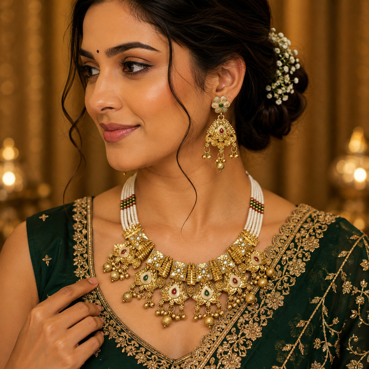 Traditional Rajwadi Pearl Jewellery Set with Earrings | Bridal Collection