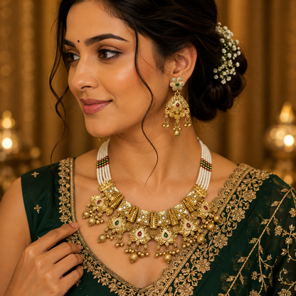 Traditional Rajwadi Pearl Jewellery Set with Earrings | Bridal Collection