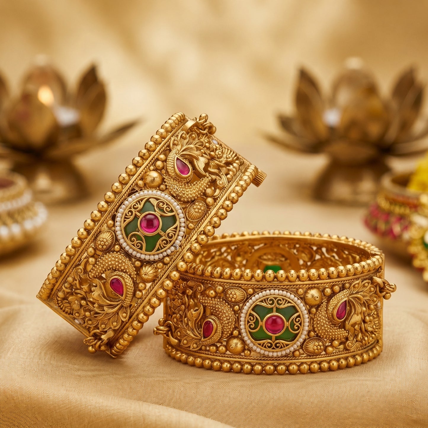 Premium Heritage Brass Patla Kada Bangles for Women | Traditional Temple Design | Antique Gold Finish