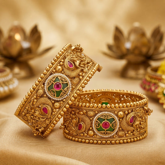 Premium Heritage Brass Patla Kada Bangles for Women | Traditional Temple Design | Antique Gold Finish