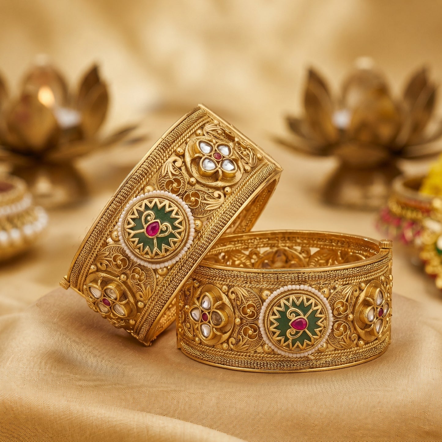 Premium Heritage Brass Patla Bangles for Women | Antique Gold Finish | Traditional Floral & Kundan Design