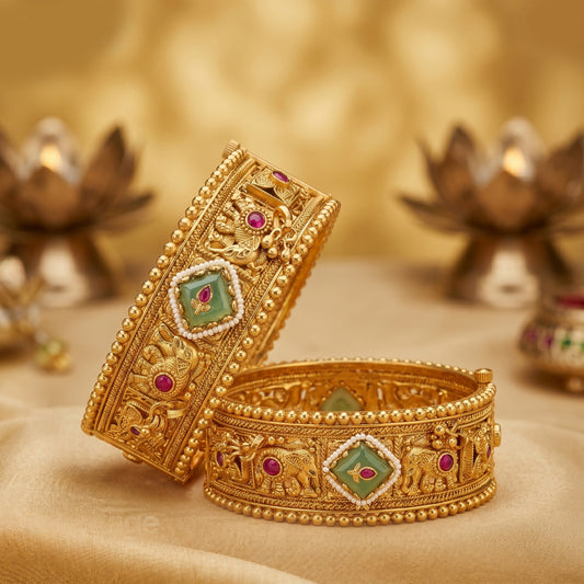 Premium Heritage Brass Patla Bangles for Women | Antique Gold Finish | Elephant Motif Temple Design