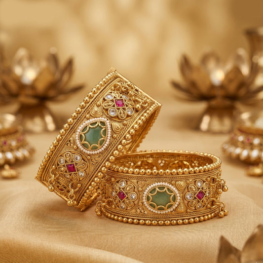 Premium Heritage Brass Patla Bangles for Women | Antique Gold Finish | Green Stone & CZ Temple Design