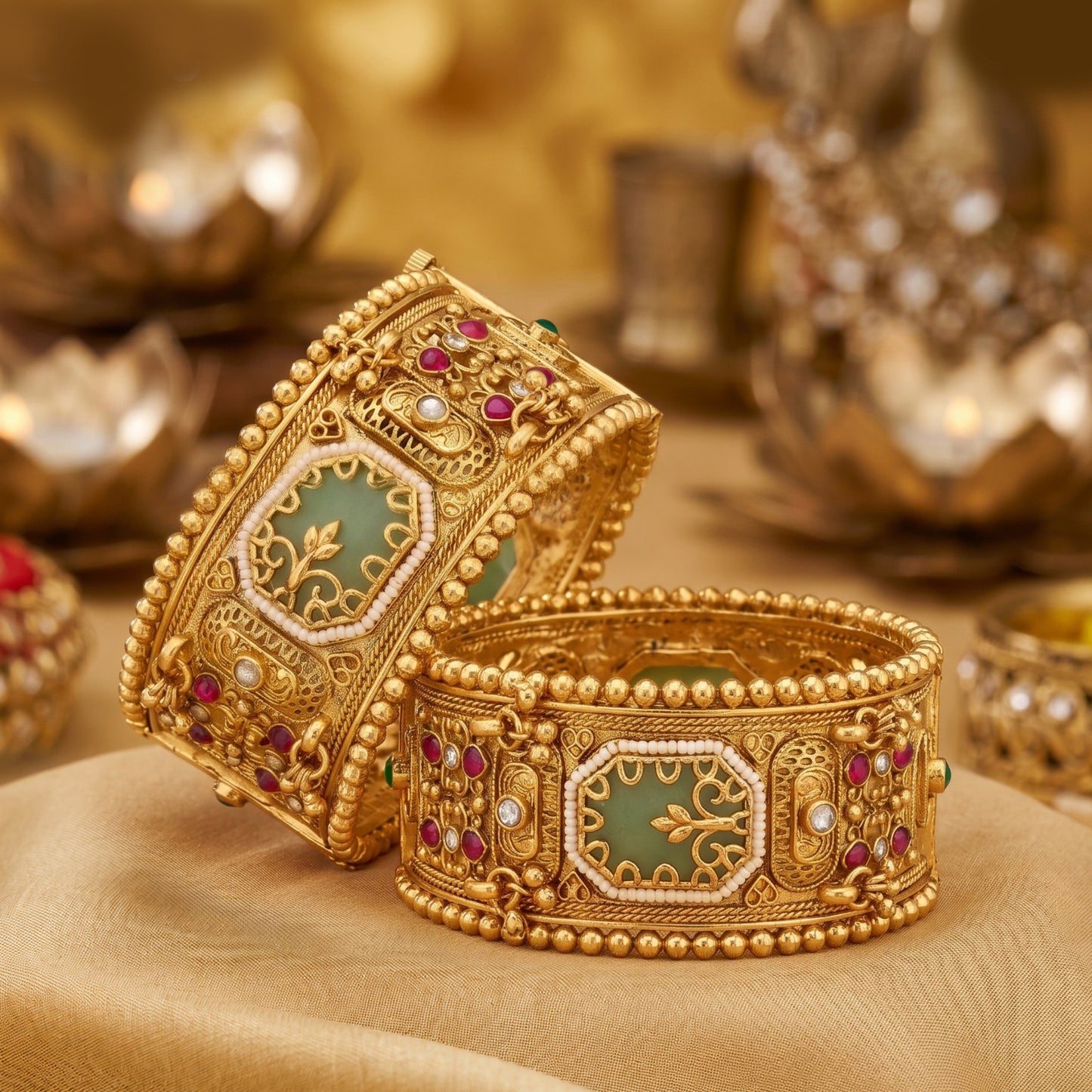 Premium Heritage Brass Patla Bangles for Women | Antique Gold Finish | Vintage Green Stone Temple Design