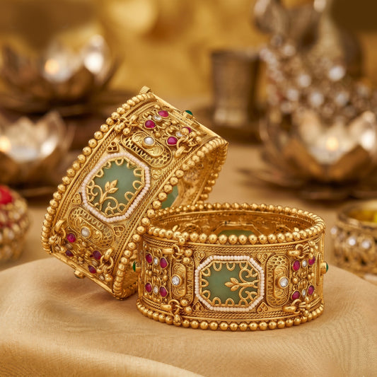 Premium Heritage Brass Patla Bangles for Women | Antique Gold Finish | Vintage Green Stone Temple Design