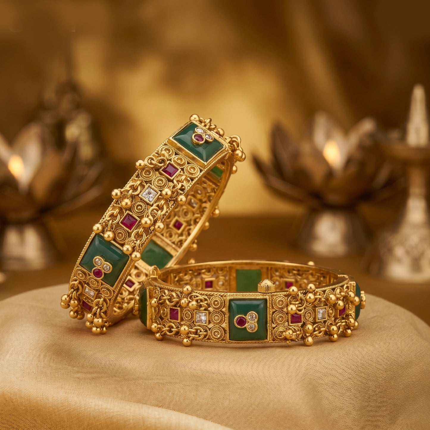 Premium Heritage Brass Patla Bangles for Women | Antique Gold Finish | Green Stone Temple Design