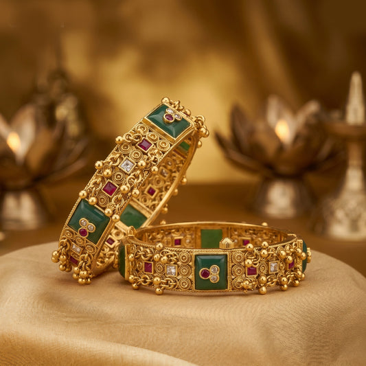 Premium Heritage Brass Patla Bangles for Women | Antique Gold Finish | Green Stone Temple Design