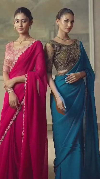 Salsa Premium Georgette Embroidered Saree with Tussar Blouse - Unstitched Blouse