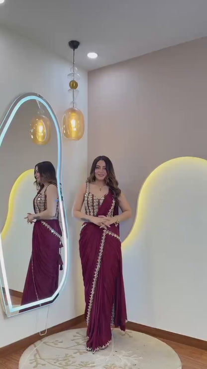 Premium Ready-to-Wear Heavy Crepe Silk Saree with Embroidered Blouse & Belt | Golden Foil Work