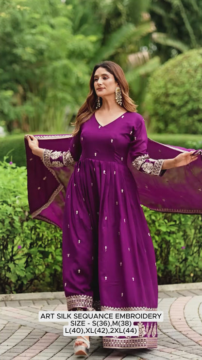 Sparshy 2 Piece Art Silk Embroidered Anarkali Suit with Dupatta – Festive Wear