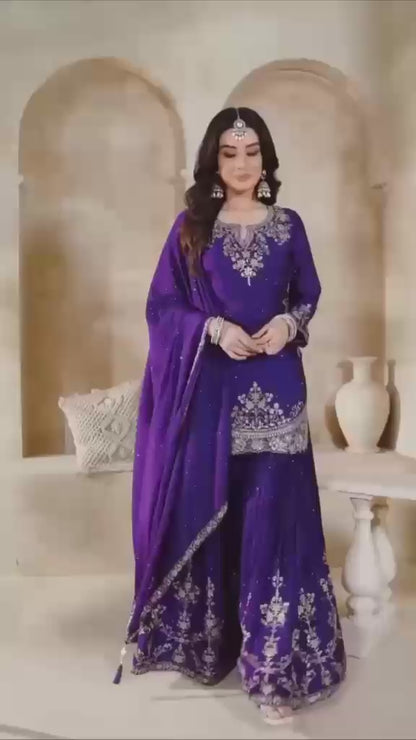 Designer Party Wear Top & Palazzo Set with Fancy Embroidered Dupatta | Heavy Chinon Silk | Fully Stitched