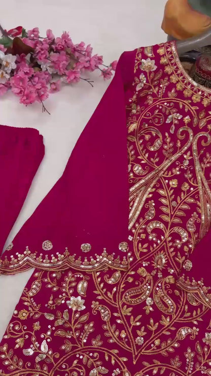 Women's Premium Vichitra Silk Embroidered Kurti Palazzo Set with Dupatta | Party & Festive Wear