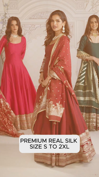 Premium Real Silk & Viscose Jacquard Silk Embroidered Gown With Dupatta
