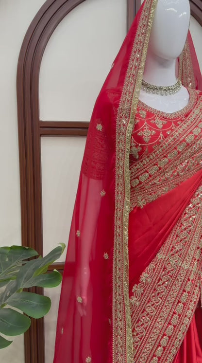 Premium Designer Satin Saree with Embroidered Blouse & Tabby Silk Dupatta
