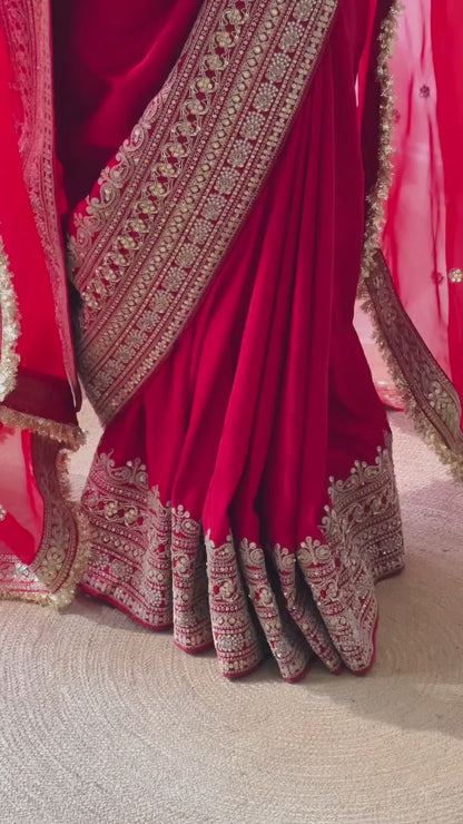Premium Designer Satin Saree with Embroidered Blouse & Tabby Silk Dupatta