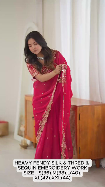 Premium Fendy Silk Embroidered Red Saree with Designer Blouse
