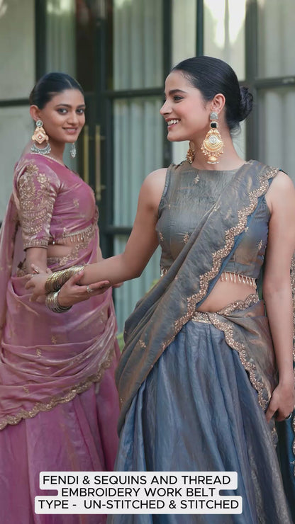 Elegant Champagne Fendi Lehenga Set With Embroidery  | Blouse Un-stitched